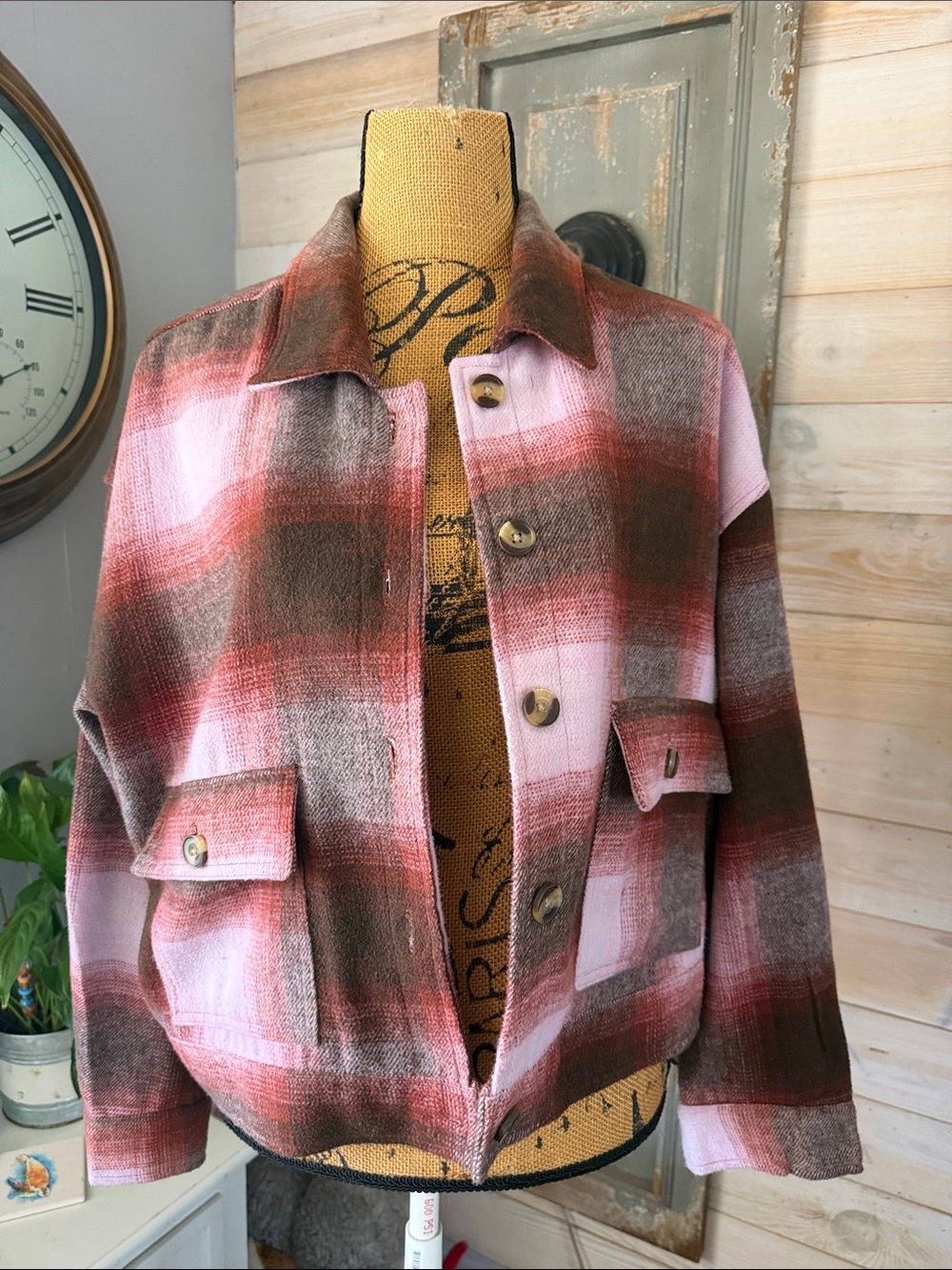 Sonoma Pink and Brown Plaid Button-Front Jacket